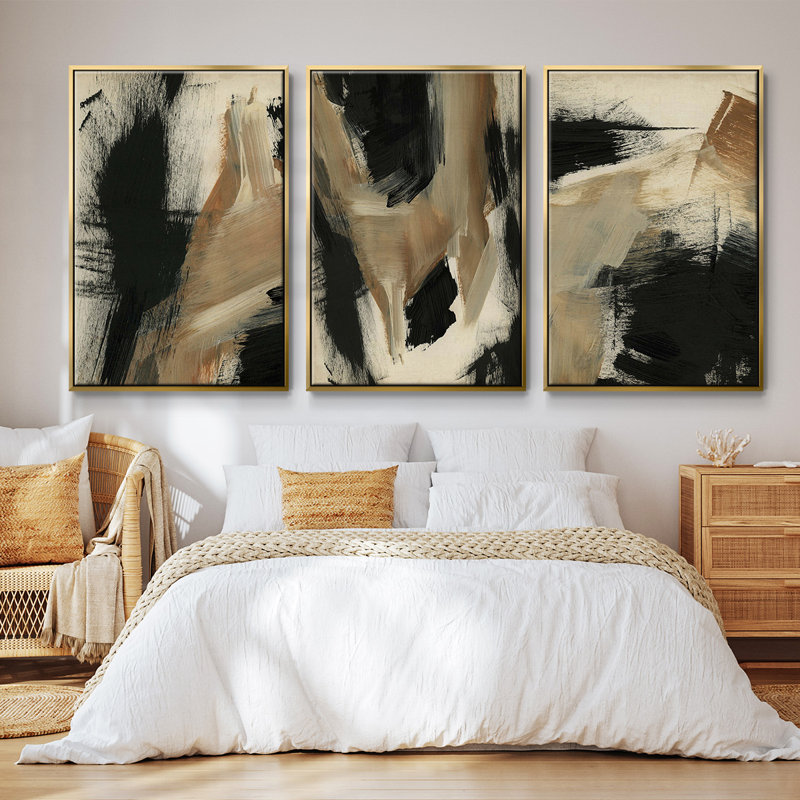 " Baked Paintstrokes I " 3 - Pieces, Gold, 27" H x 54" W