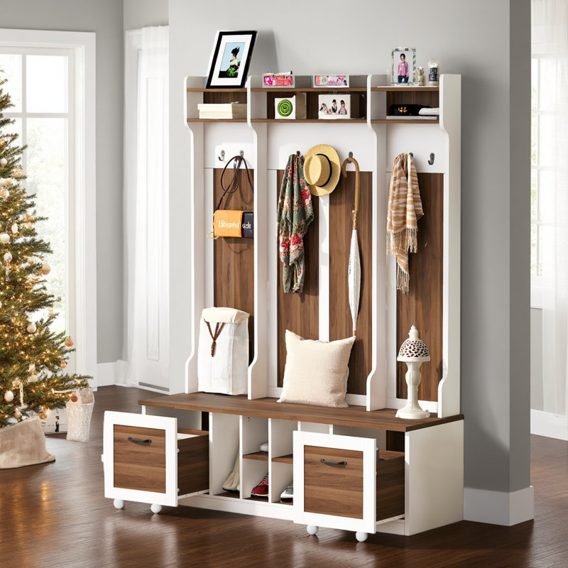 All-in-One Hall Tree 58.8'' W with Bench, 7 Hooks, Shoe Storage, Brown