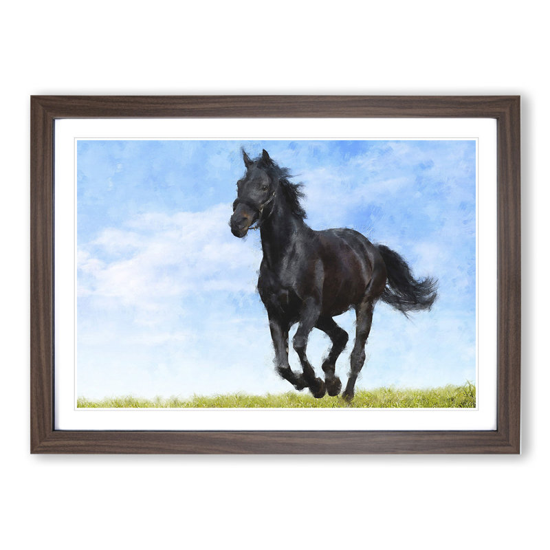 Black Horse - Picture Frame Painting, Walnut Framed, 27cm H x 36cm W x 2cm D