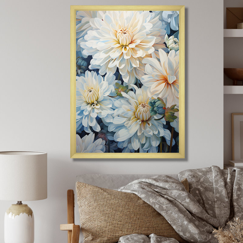 Minimalisme «Blooming Mums» en bleu et blanc V sur toile, Cadre doré simple, H 32 po x l 24 po x P 1 po