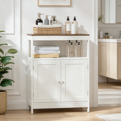 Modern Storage Cabinet With Double Doors, Freestanding Wood Cabinet With Open Shelf And Natural Wood Top, Multi-Purpose Organizer For Kitchen, Living Room, Bathroom Or Entryway – White