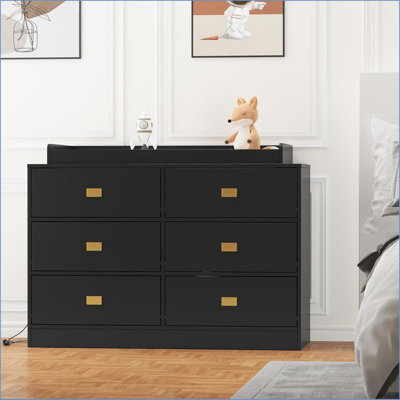 Commode à langer avec 6 tiroirs, commode à langer avec prises de courant, commode pour bébé avec plateau à langer, commode à langer avec matelas à langer doux et plateau amovible