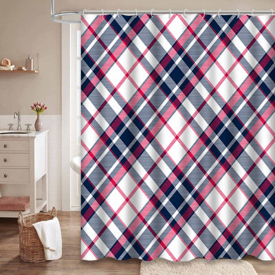 Plaid Fabric Check Blue British Navy Shower Curtain with 12 Hooks