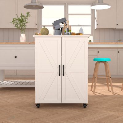 Kitchen Island With Storage On Wheels, Cricut Cart, Small Portable Island, Specialty Coffee Bar Cabinet Buffet Sideboard With Barn Door And Wheels, Ki by Ophelia & Co.