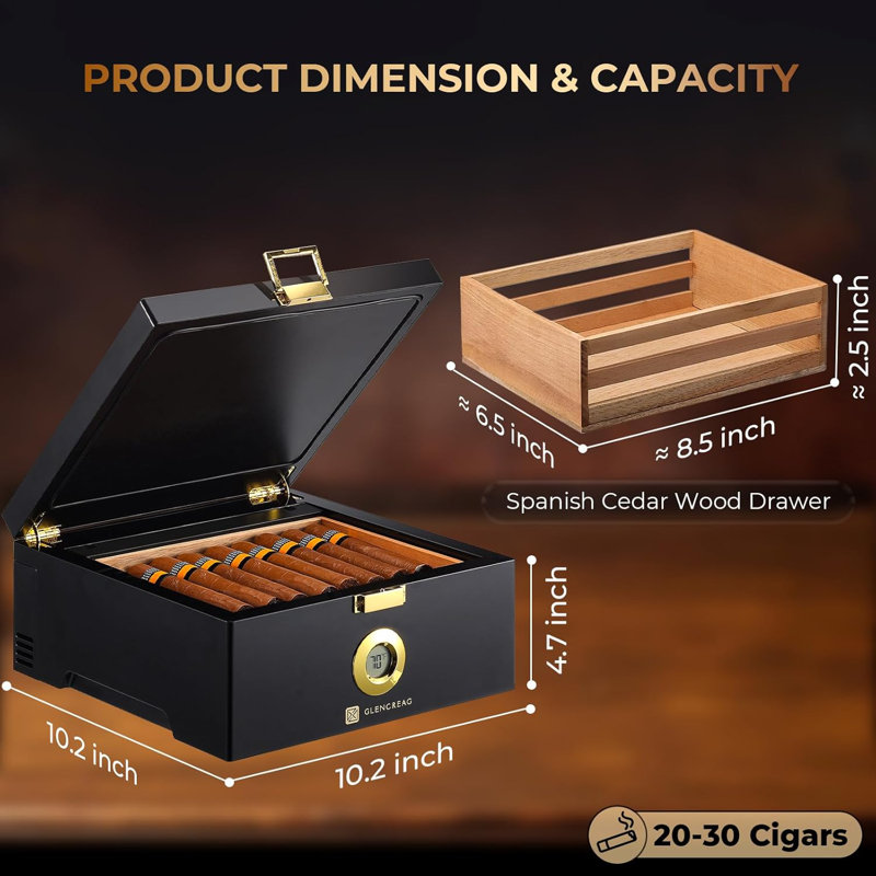  Boîte à cigares électrique thermostatique (64 ° F à 74 ° F), ventilateur à 360 °, bois de cèdre espagnol et thermomètre, double puissance (type-c et fiche), cadeaux pour hommes (20 à 30 cigares)