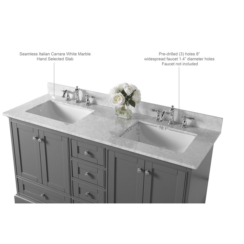 Audrey 60'' W Double Vanity, Carrara White, Brushed Nickel, Sapphire Gray