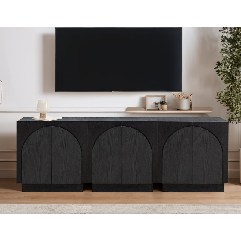  Aurelie 3 Piece Modular Solid Wood Tv Stand Arched Storage Cabinet Credenza, Black