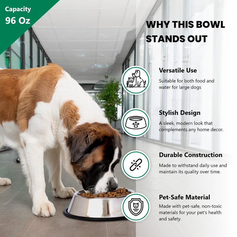 Stainless Steel Non-Skid Pet Bowl with Rubber Base, 96 oz