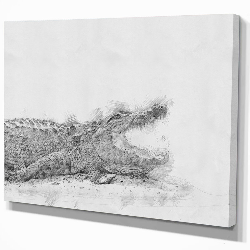 Crocodile noir et blanc - impression sur toile tendue, H 20 po x l 20 po x P 1 po