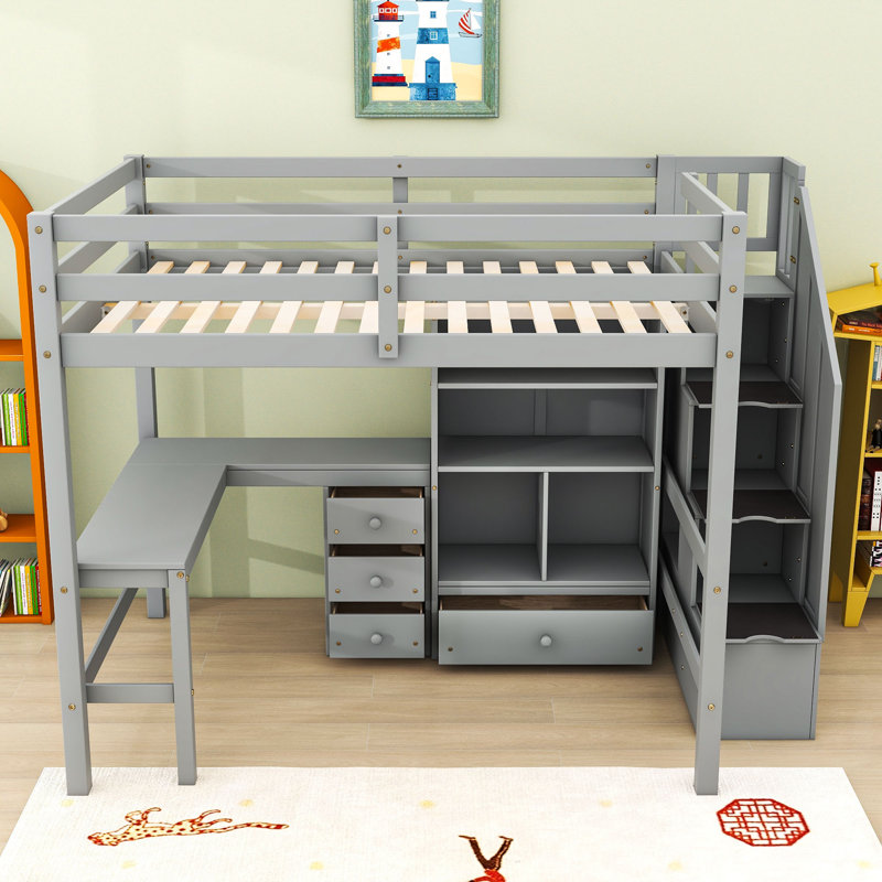 Full Wood Loft Bed With L-Shaped Desk, Storage Drawers And Stairs, Gray
