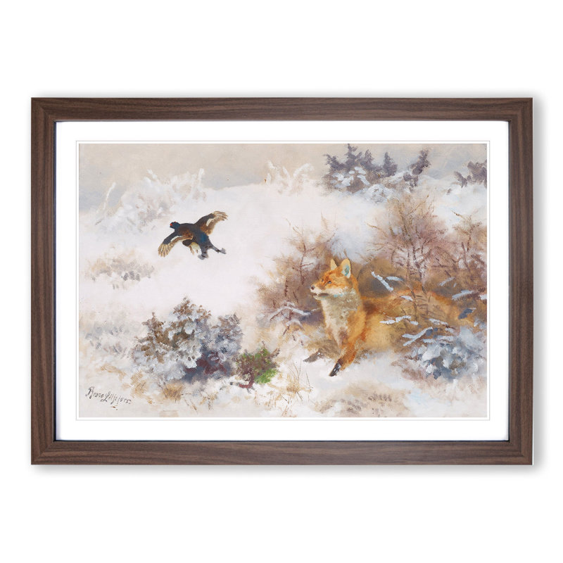 Fox and Black Grouse by Bruno Liljefors - Picture Frame Painting, 48cm H x 65cm W x 2cm D, Walnut Framed