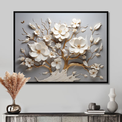 Orchidée blanche jardin de branches 10 - Art mural floral abstrait pour le salon