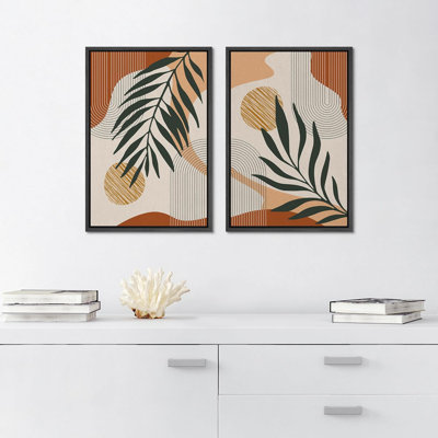 Feuille de palmier Mid-Century et symboles géométriques de formes abstraites, bohème moderne, coloré, chic, 2 pièces
