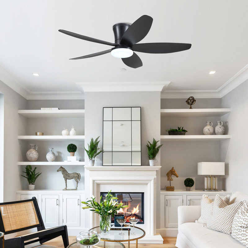 Ventilateur de plafond encastré 36/42/48 po à profil bas avec éclairage et télécommande, 48 po de largeur, Noir