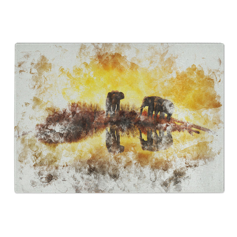 Elephants at Sunset Watercolour Chopping Board, 0.4cm H x 28.5cm W x 39cm L