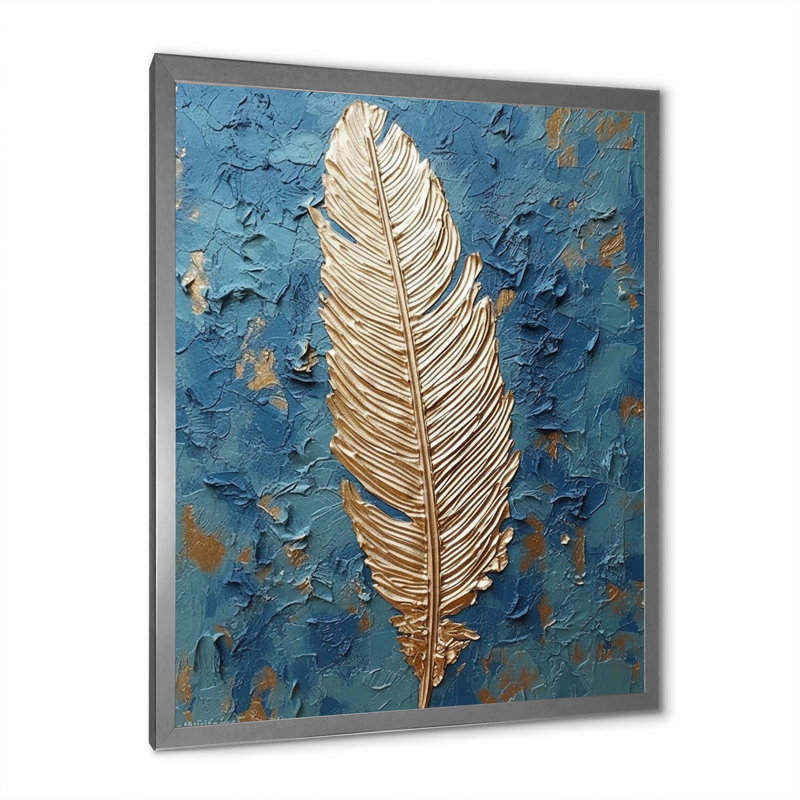 «Boho Glam Exquis Gold on Blue Feather», reproduction d'art sur toile, H 44 po x l 34 po x P 1,5 po, Cadre simple argenté