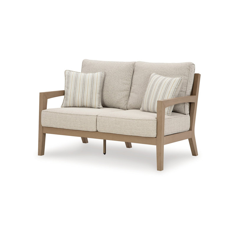 Karo Outdoor Loveseat, 53 Inch, 2 Accent Pillows, Beige Nuvella Fabric