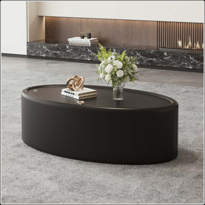 Table basse ovale cachée avec rangement en verre trempé et revêtement en cuir