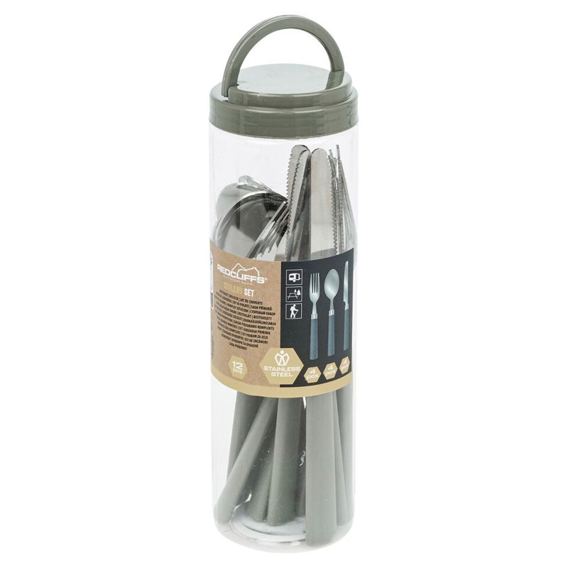 12 Pcs Stainless Steel Cutlery Set  Forks Spoons In Holder, Grey