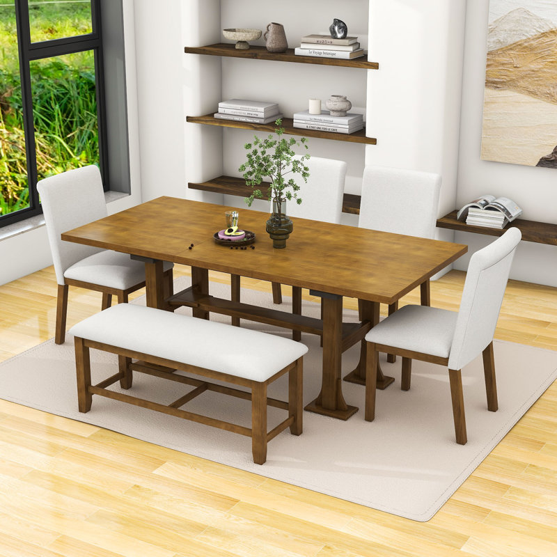 Ensemble de salle à manger, table extensible, chaises rembourrées et banc 6 pièces Emere, Gris clair, Gris clair, Brown