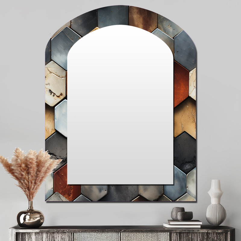 Motif bohème de style hexagonal rustique prédominant - miroir géométrique irrégulier unique de grande taille, art mural imprimé en métal