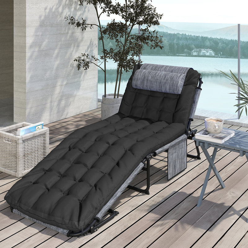 Chaise longue pliante avec coussin, fauteuil de bronzage inclinable, noir