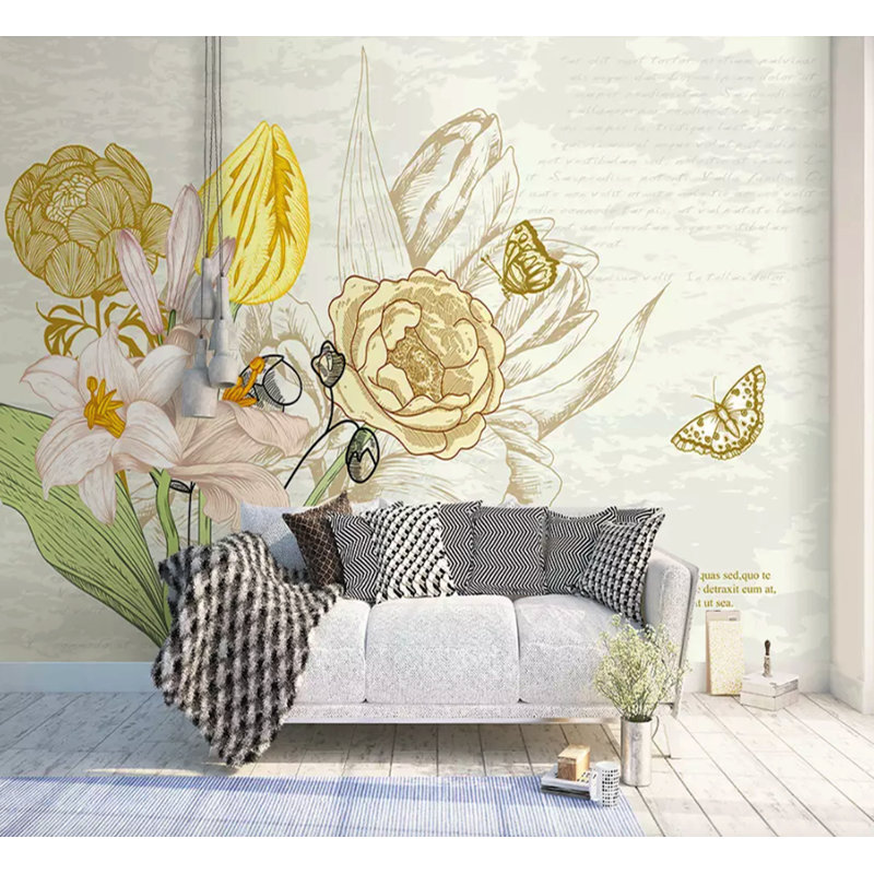 Papier peint amovible avec aquarelle de fleur de lys jaune, L 114 po x l 204 po