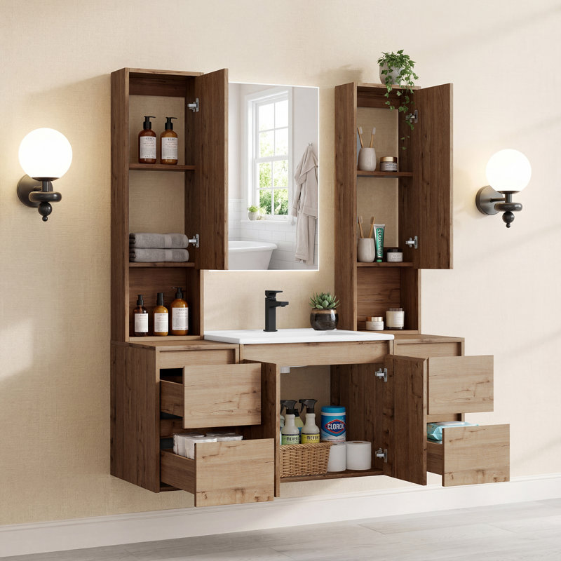 Meuble-lavabo flottant simple 48 po avec armoire supérieure, lavabo en céramique et conception sans poignée, Bois naturel