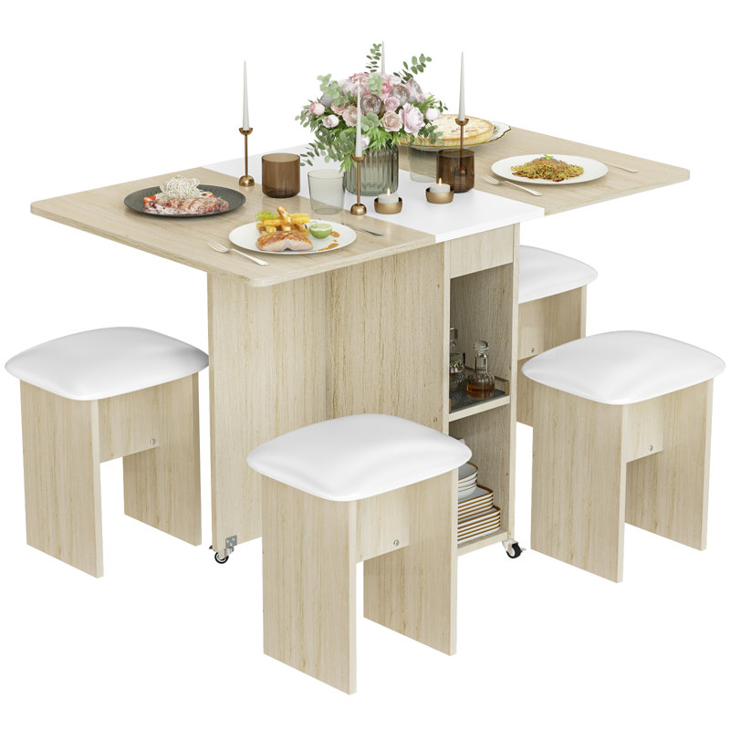 Drop Leaf Dining Table,Folding Dining Table With 6 Wheels And Four Leather Stools,Space Saving Dining Table And Chairs For Dining Room, Kitchen