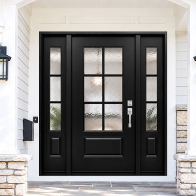 64 po X 80 po Porte d'entrée en fibre de verre noire avec verre martelé et deux panneaux latéraux InsWing