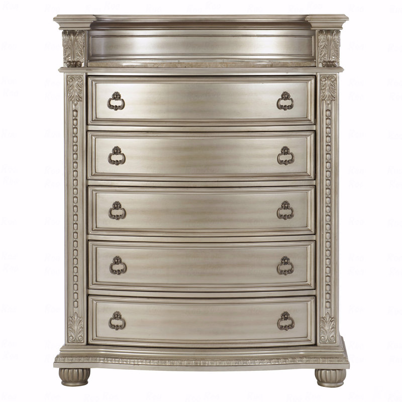Commode de rangement de luxe à finition argentée 1 pièce avec 5 tiroirs en marbre véritable
