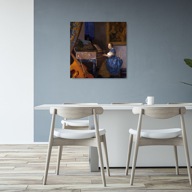 A Young Woman Seated At A Virginal Classic Contemporary Portrait Wall Art Print by Johannes Vermeer - Wrapped Canvas Print