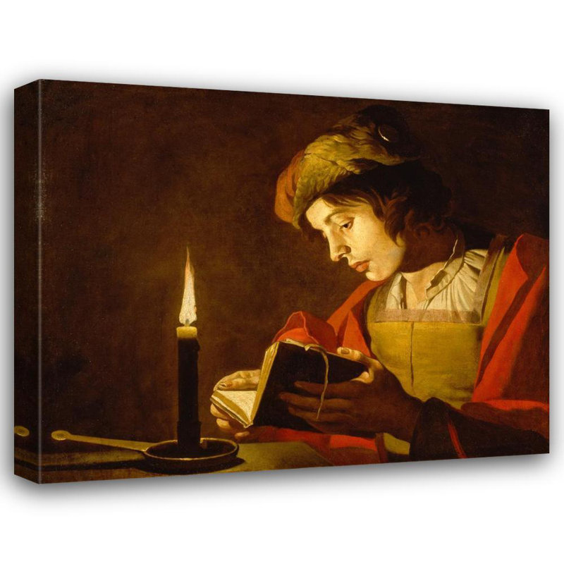«A Young Man Reading by Candlelight» par Mathias Stom - Art mural sur toile tendue avec châssis, H 24 po x l 17 po