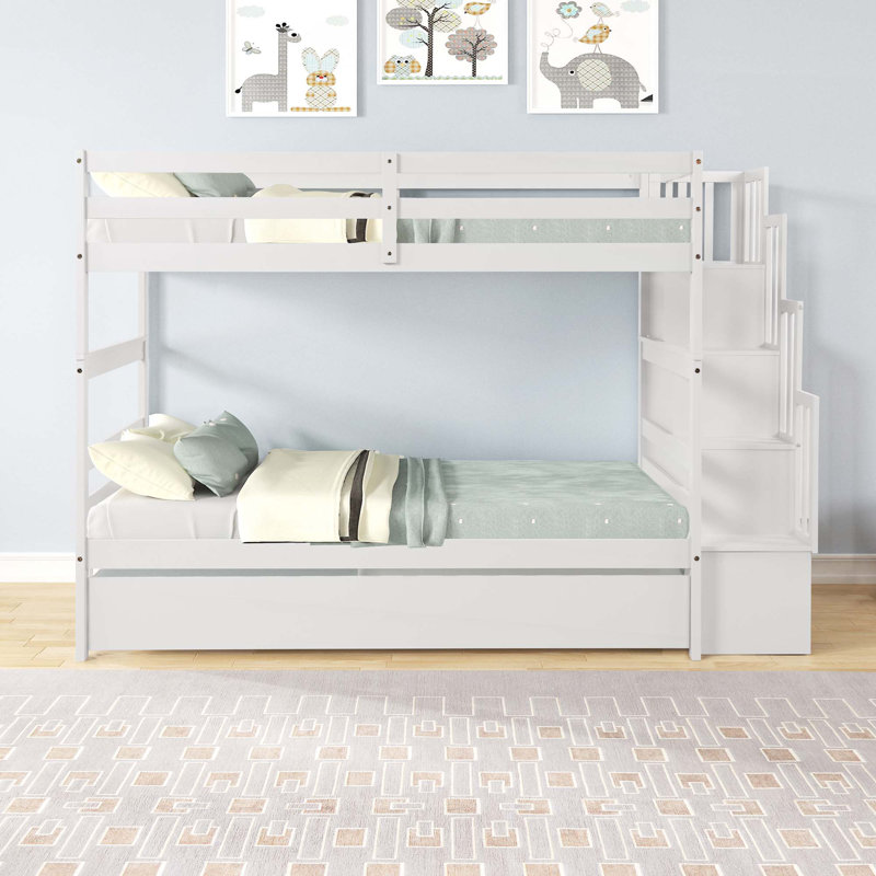 Lits simples superposés avec lit gigogne simple et fonction de rangement pour escalier