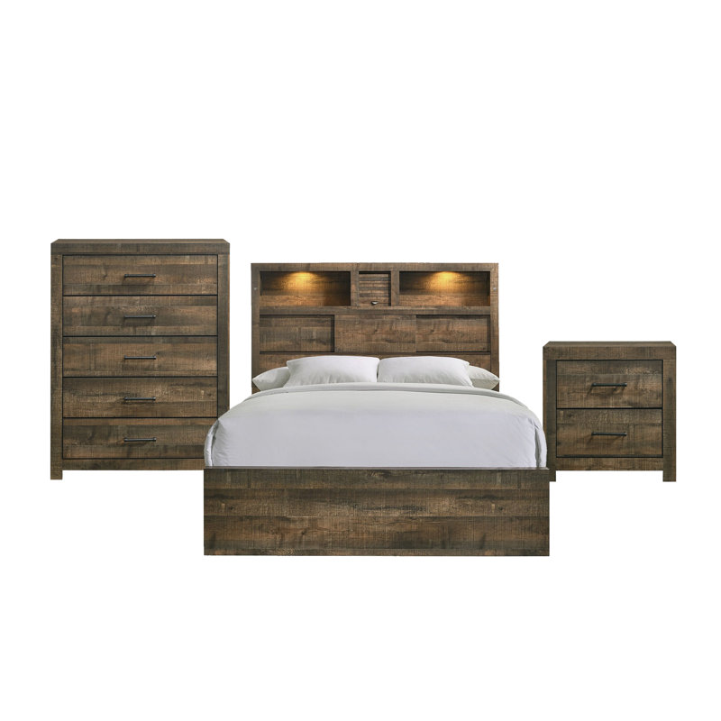 Picket House Furnishings Beckett King Bookcase Panel 3PC Bedroom Set With Bluetooth, 3 Pcs: Bed, Chest, Nightstand, King