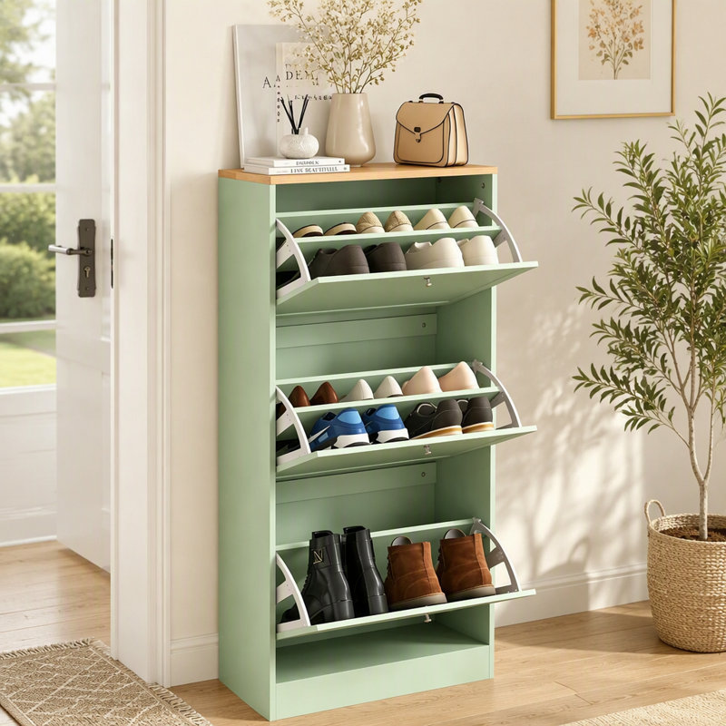 Armoire de rangement moderne à chaussures verte avec 3 tiroirs rabattables et tablettes réglables pour 12 à 18 paires
