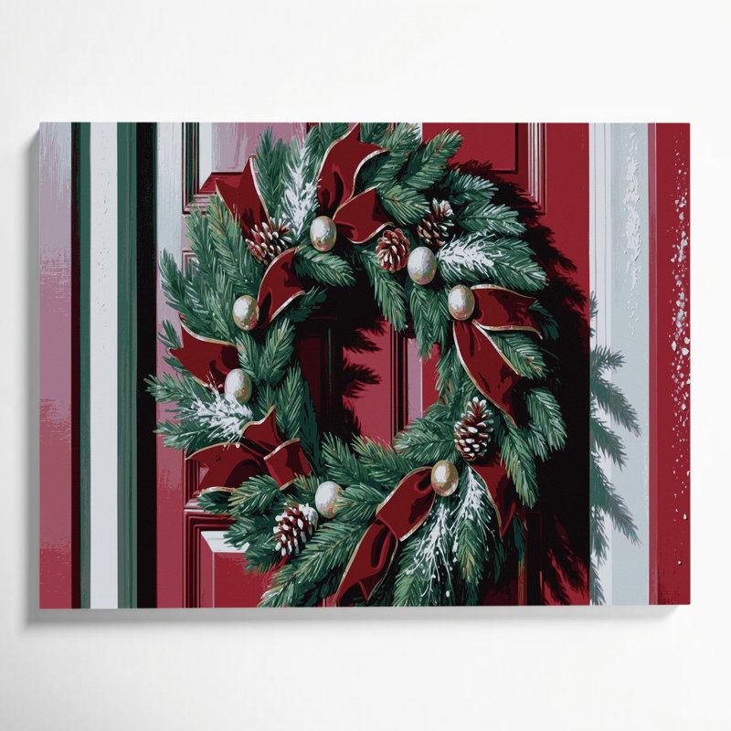 Art mural sur toile de Noël, couronne de Noël sur une porte rouge, H 11 po x l 14 po