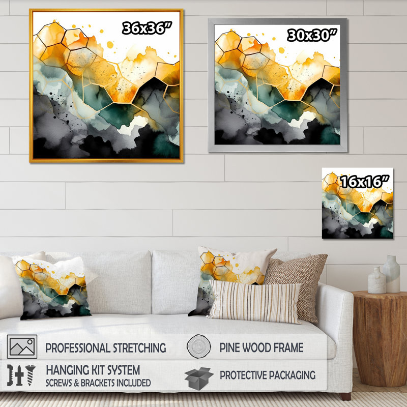 Yellow Gray Honecomb Shape - Geometric Wall Decor, Wrapped Canvas, 16" H x 16" W x 1" D