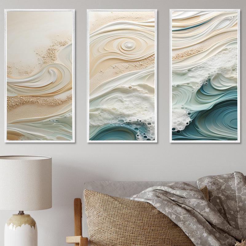 Bleu moderne et beige sable, vue aérienne IV - plage, plage, sable, ensemble d'art sur toile, H 28 po x l 36 po x P 1 po