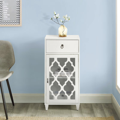 Table d'appoint blanche avec tiroir d'armoire captivant et porte en verre