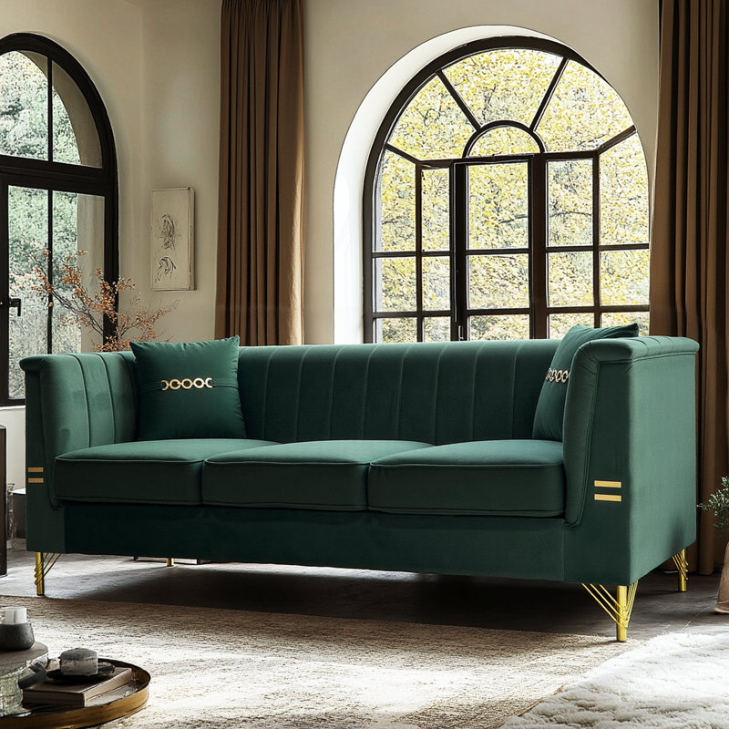Eugeniu 83.46'' Velvet Sofa, Green Velvet