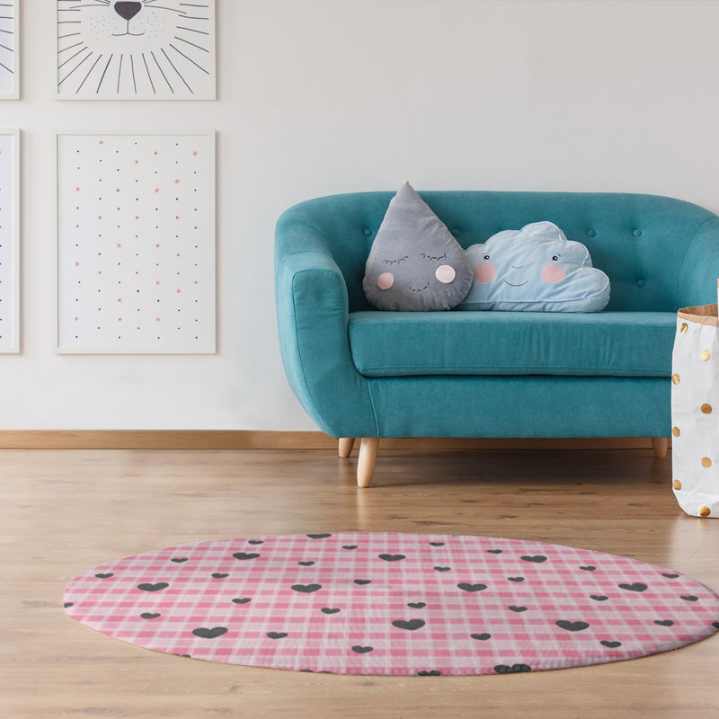 Tapis noir/rose fait main, Rond 5 pi