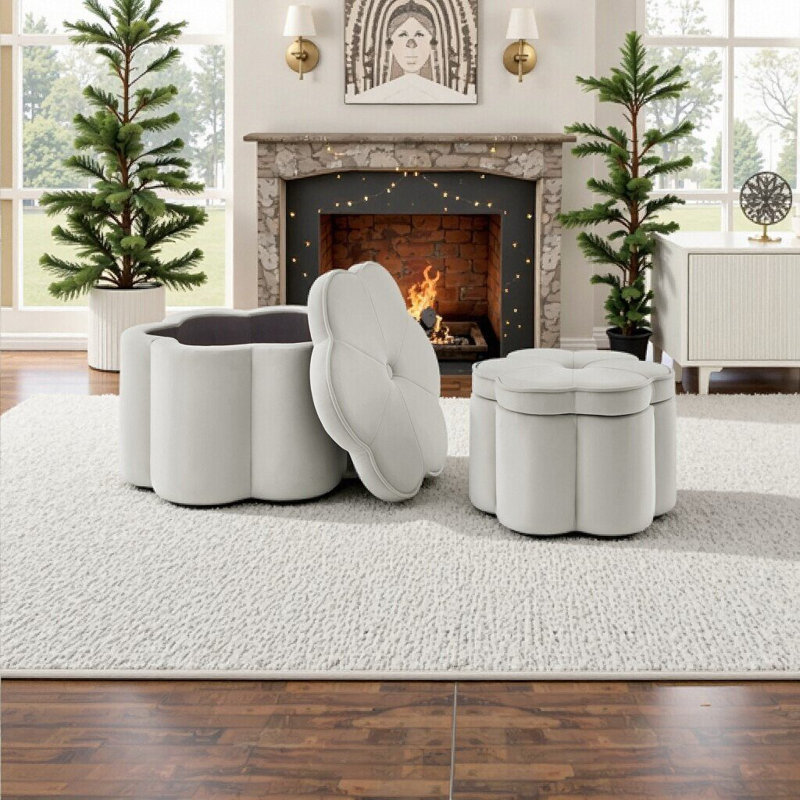 Rosuna 2-Piece Flower-Shaped Storage Ottoman Set, Velvet Upholstered, Multi-Functional Footrest & Storage Bench, Grey