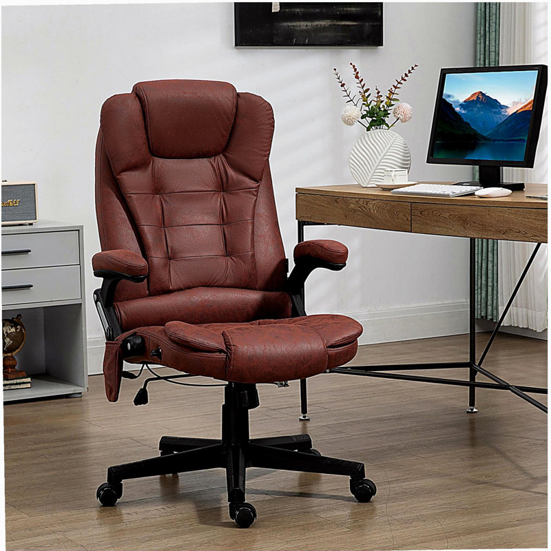 Fauteuil de bureau vibrant à 6 points avec massage chauffant, dossier haut inclinable en microfibre avec dossier inclinable, accoudoirs rembourrés et télécommande, rouge
