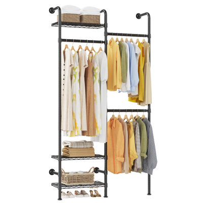 Wall Mounted Closet System, 2-Row Carbon Steel Clothes Rack with 3 Shelves, Black Garment Organizer