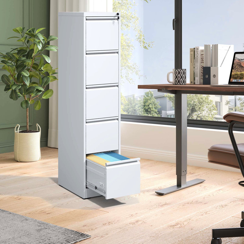 Classeur vertical à 5 tiroirs en métal avec serrure, bureau / maison, acier, conception inclinable, pleine extension, verrouillé blanc pour tiroirs à extension forte, inclinable,