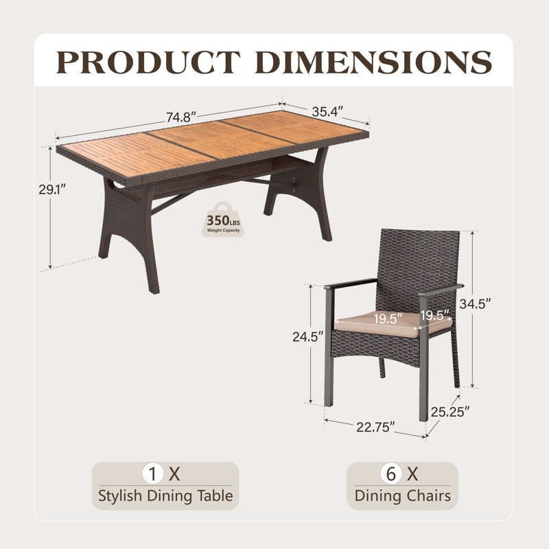 Ensemble repas pour 6 personnes en osier avec table rectangulaire, coussins inclus, Beige, 6