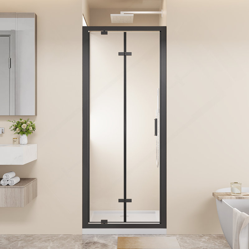 Framed Bi-Fold Pivot Shower Door 30"X72" Space-Saving Folding Shower Enclosure, 1/4" Clear Tempered Glass With Stainless Steel Handle, Reverible Installation, Black