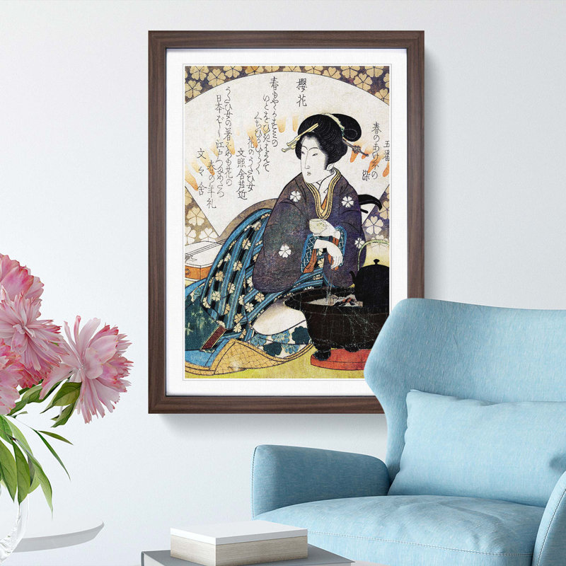 Courtesan Drinking Tea by Yashima Gakutei - Picture Frame Painting Print, 36cm H x 27cm W x 2cm D, Walnut Framed