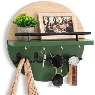 Key Holder for Wall Decorative with Shelf and Hooks,with Sunglasses Holder,(Light brown&Green)